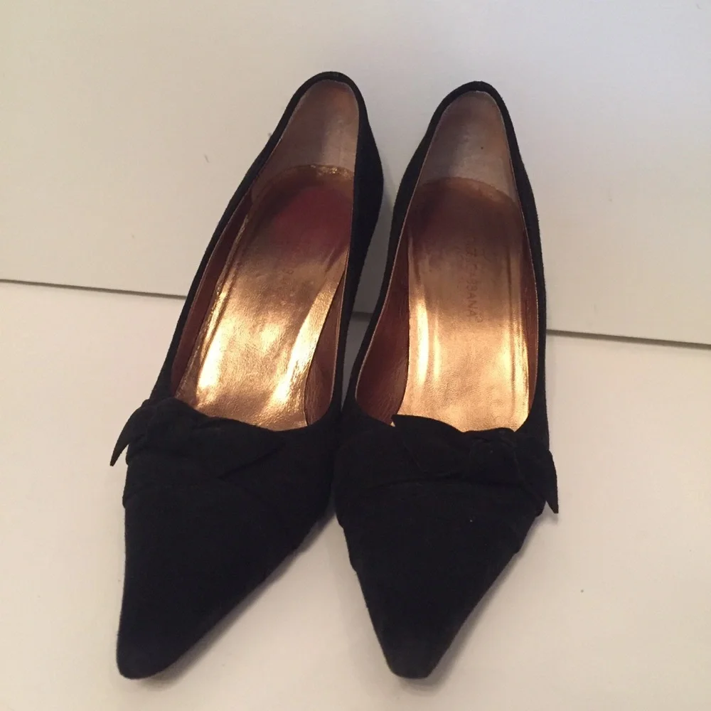 DOLCE & GABBANA SHOES HEELS BLACK SUEDE BOW POINTED TOE ITALY Size 36.5